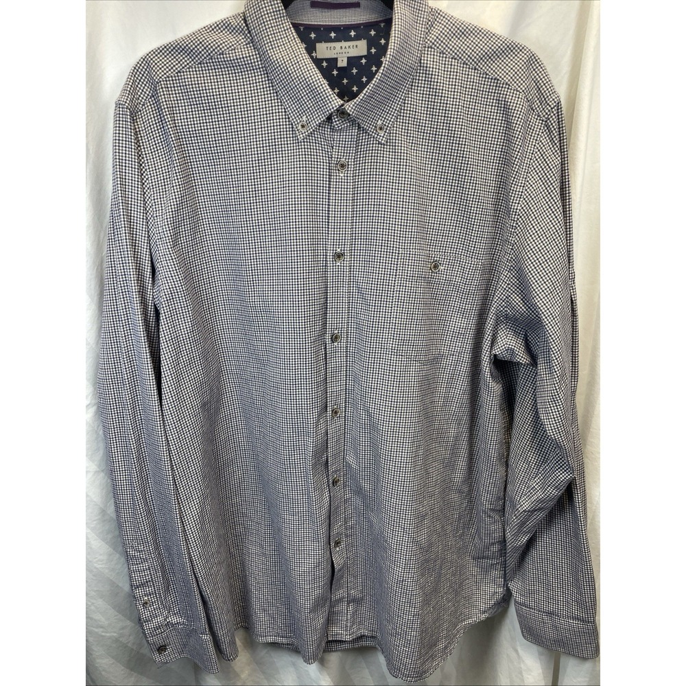 Mens TED BAKER London Houndstooth Button Down Dress Shirt Blue‎ Grey Size 3XL/7